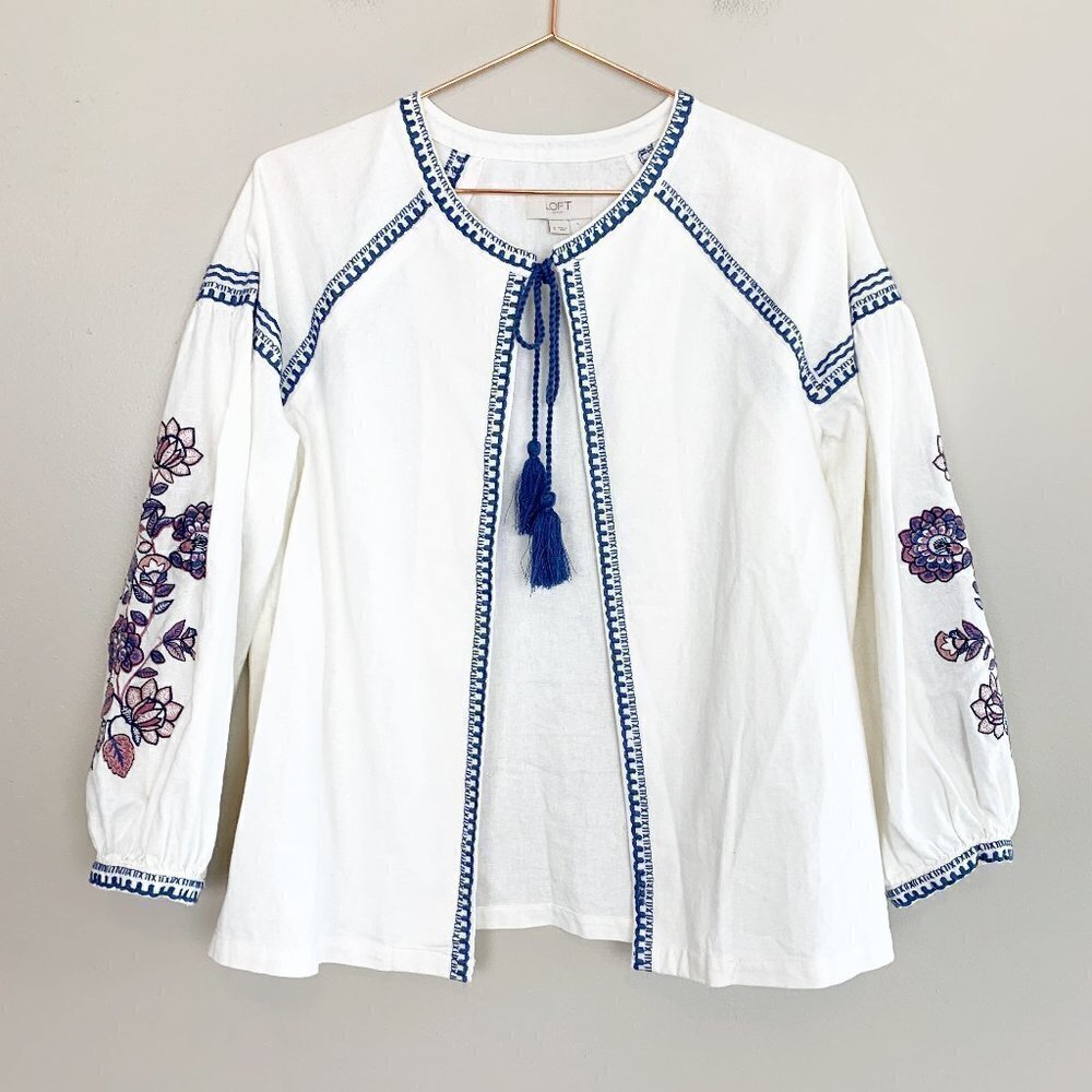 LOFT Outlet Embroidered Boho Lightweight Ivory Open Front Jacket